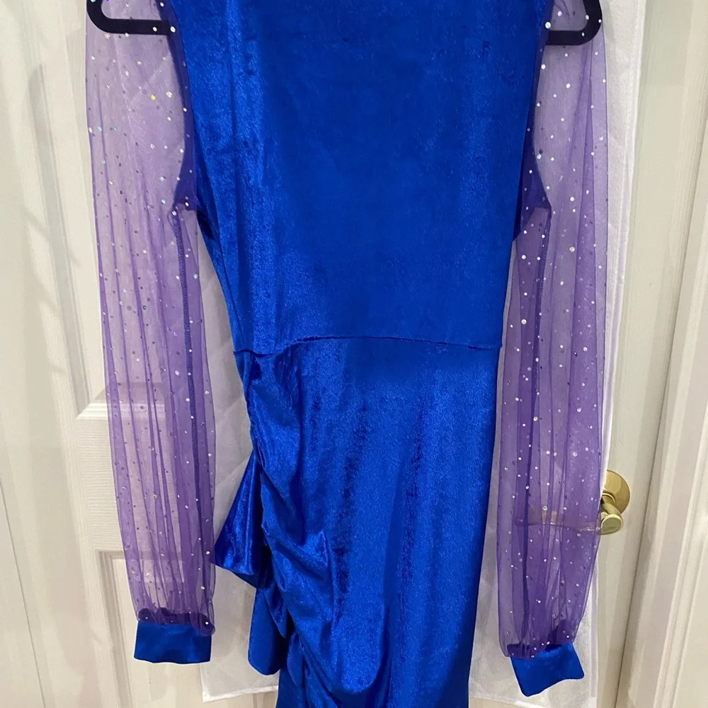 Blue Wrap Dress with Sheer Sleeves - Picture 2 of 3